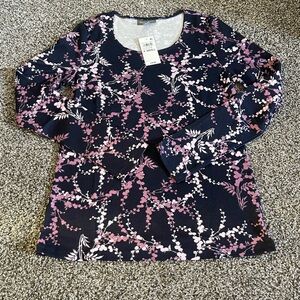 New Style & Co Blue Purple White Leaf Printed Scoop-Neck Long Sleeve Top XS